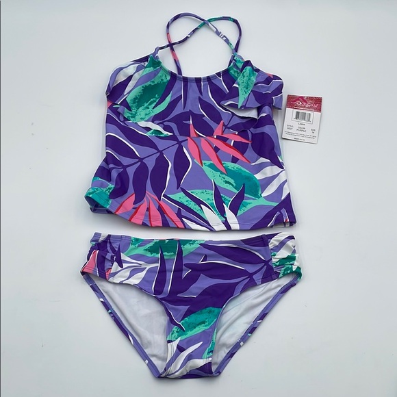 Kanu Tropical Purple Ruffle Top Swimsuit Bathing Suit‎ Bikini Two Piece Swim Set - Picture 1 of 9